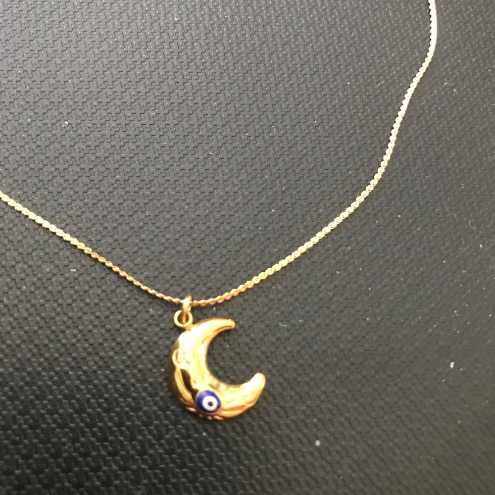Gold Crescent Moon Necklace with Blue Eye Charm